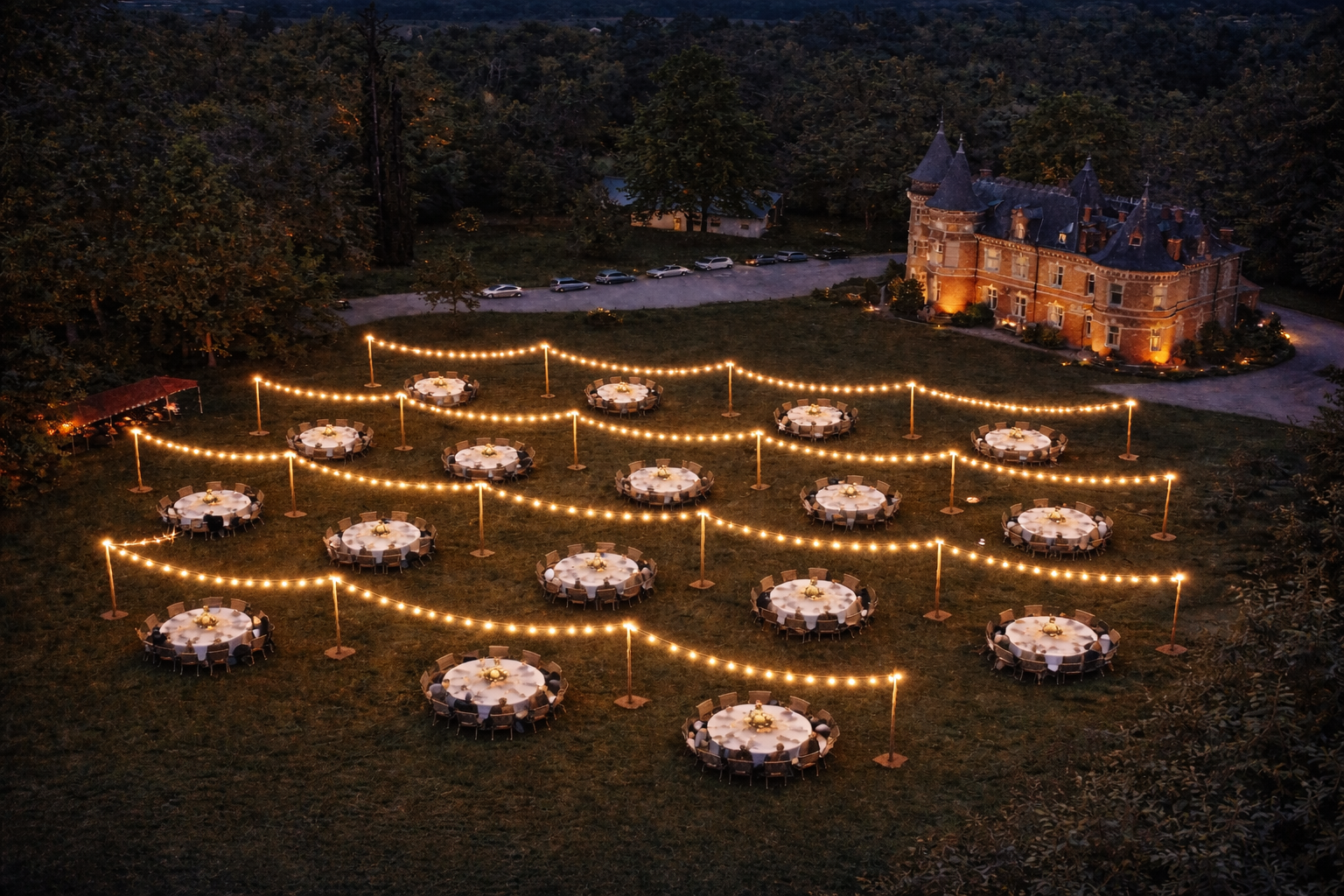 Installation de guirlandes guinguettes sur poteaux